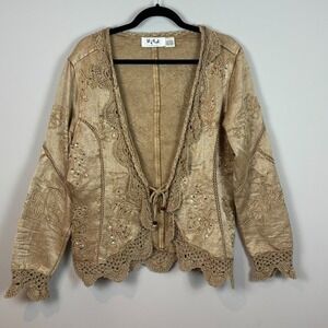 Talk of the Walk Beaded Sequence Y2K Fairy Lace Boho Tie Front Jacket Womens LG